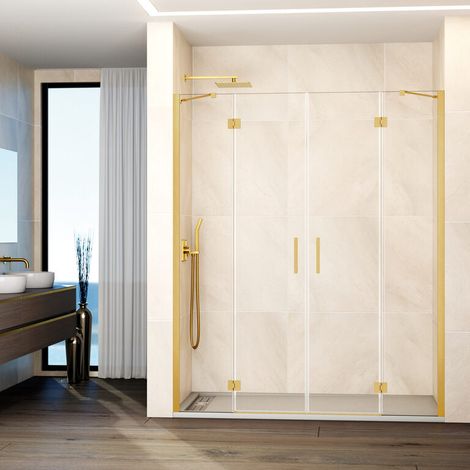 Paroi de douche frontale GLASS panneau fixe + 2 portes pivotantes + panneau fixe 135 cm profilé or bras de maintien réglable (20+50+50+20) (1/5)