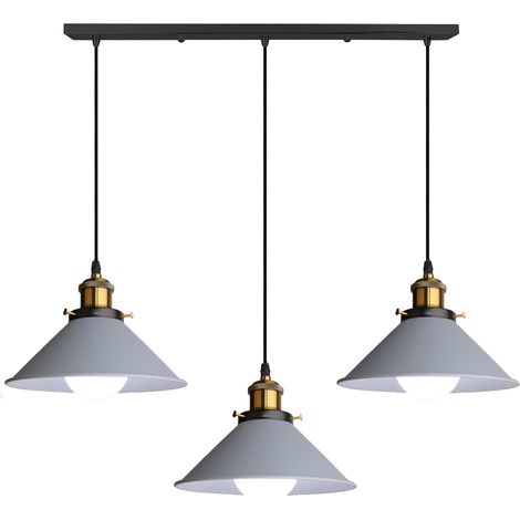 Pendelleuchte Vintage Kronleuchter mit Ø22cm Metall Lampenschirm Hängelampe Edison Art Lampe für Esszimmer Wohnzimmer Restaurant Grau - 3 Flammig Rechteckige Basis