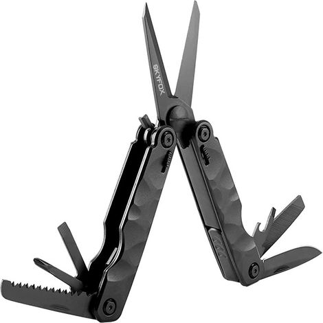 Outil multifonction 9 en 1 pliable en acier inoxydable, ciseaux à ressort, tournevis puissant, scie, lime plate, ouvre-bouteille et couteau, idéal pour le camping et le jardinage en extérieur (SkyFox) (1/5)