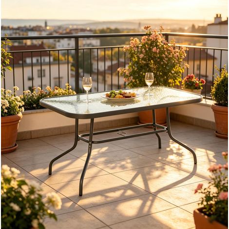 Rechteckiger Gartentisch (120x80x70 cm), für 8 Personen, mit Sonnenschirmloch, Metall und Hartglas, Grau (1/5)