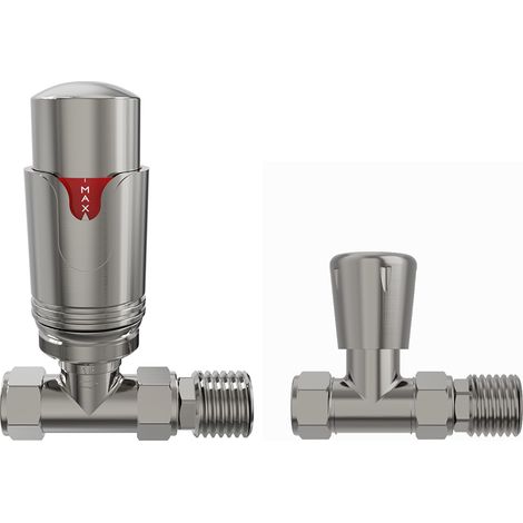 NRG Thermostatic TRV Manual Radiator Valves Straight Satin Nickel Pair (1/4)