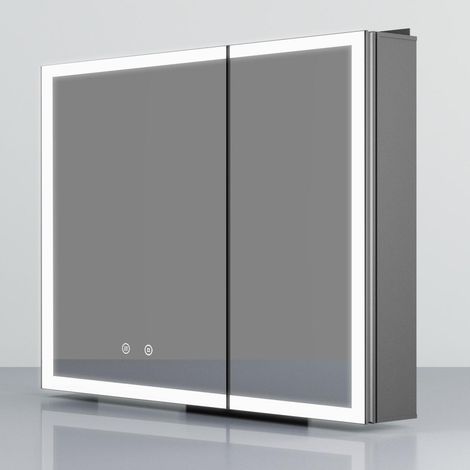 Schwarz Spiegelschrank Bad mit Beleuchtung 80x60cm Bad Spiegelschrank mit Beleuchtung Badezimmerschrank Hängeschränke mit 3 Lichtfarben Dimmbar + Beschlagfrei + Memory-Funktion, Schwarz
