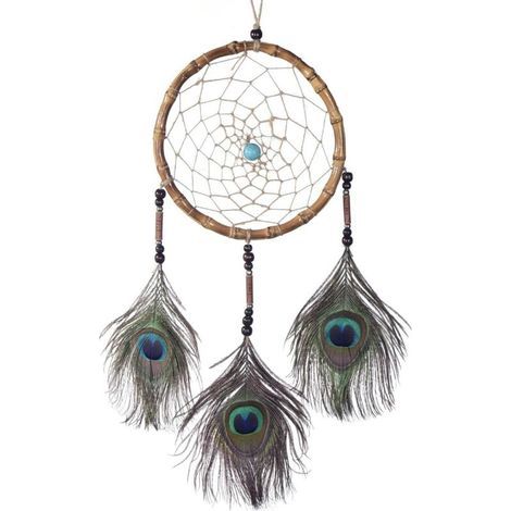 Lntyq Gros Attrape-rêves Dreamcatcher avec Perles et Vraies Plumes Brun Noisette - Ø 18 cm (1/4)