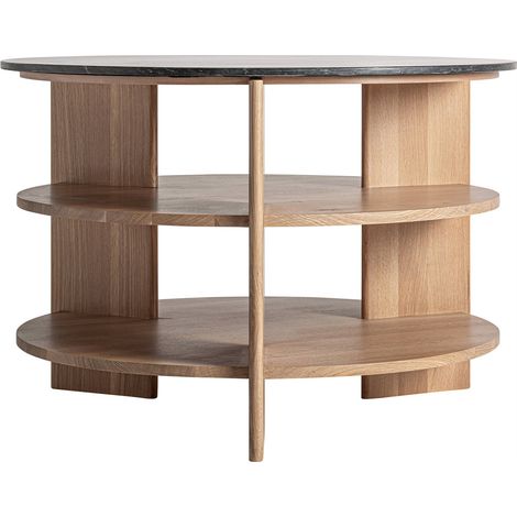 Table d'appoint ronde contemporaine - marron chêne et travertin noir (1/2)