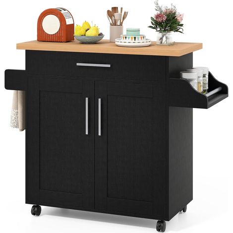 GOPLUS Desserte à Rouletttes Cuisine, 111 x 40 x 90 CM, Desserte Cuisine en Bois avec Grand Placard, Étagère 2 Niveaux Réglable et 1 Tiroir, Support à Épice, Porte-Serviettes Latéral, pour Salon, Noir (1/5)