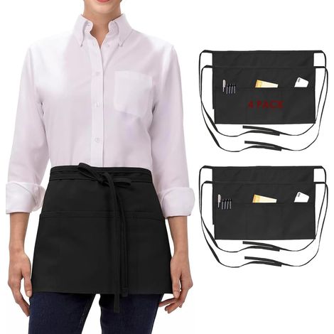 4 Pièces Tablier de Taille avec 3 Poches et Sangle Réglable, Imperméable Tabliers de Cuisine Noir pour Femme et Homme,Court Tablier Pour Serveurs Chefs Bistro Restaurant (1/5)
