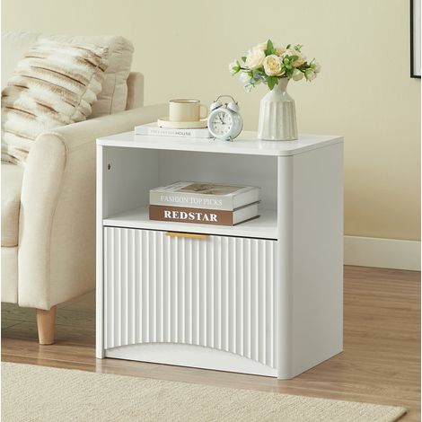 Comodino 58 x 38 x 60 cm con cassetto, vano aperto, bianco DESVIAE (1/5)