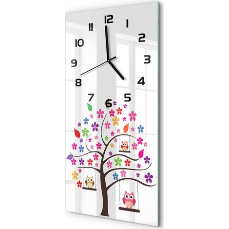 Horloge Murale Rectangulaire Verticale Lecture Facile Verre Moderne Hiboux sur des balançoires 30x60 cm (1/5)