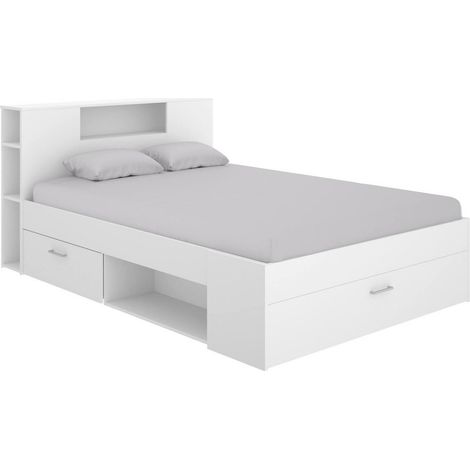 Lit Français Conching, Avec Rangement, Taille Matelas 140x190 cm, Blanc