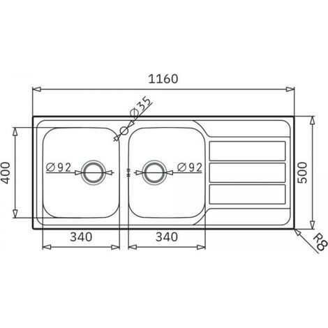 Lavello da incasso Tirreno116 in acciaio inox 2 vasche e gocciolatoio destro 116x50x18H