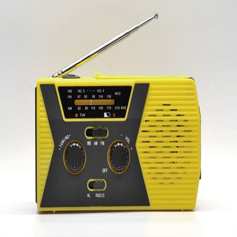 Radio portable jaune aux normes européennes avec manivelle, récepteur universel, équipement, solaire, générateur, urgence, lampe torche. (1/5)