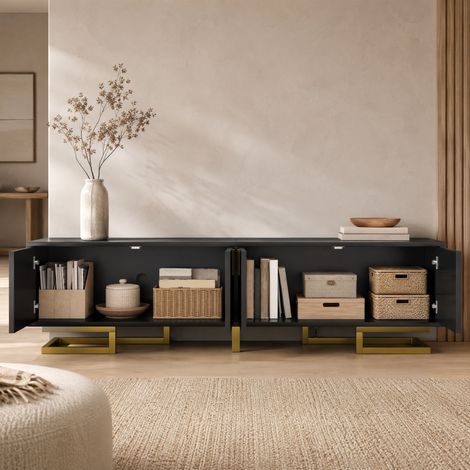 Mueble TV 160 cm negro con puertas texturizadas, almacenaje, patas y tiradores dorados DESVIAE (1/5)