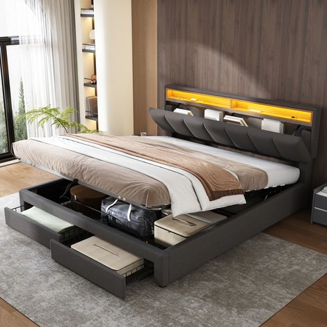 BSMGSGN-Lit double rembourré 140x190 cm avec LED intégrée, coffre hydraulique, 2 tiroirs, tête de lit avec rangement, sommier à lattes inclus, cadre en lin, Sans Matelas, Gris (1/5)