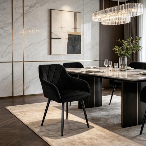 Chaise de salle à manger capitonnée avec accoudoirs, velours noir HAVRYA (1/5)