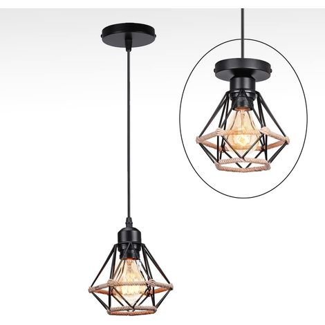 STOEX Lampada a Sospensione Vintage Metallo Corde di Canapa Lampada da Soffitto per Soggiorno Cucina Camera da Letto Ø16cm E27 60W (Nero) (1/5)