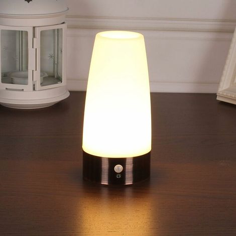 Table Lamp, Retro LED Night Light, Bedside Lamp with Wireless PIR Motion Sensor, Requires 3 AAA 1.5 V Batteries, Plastic, White Light, Round (1/4)