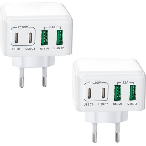 Lot de 2 chargeurs USB-C, 4 ports, chargeur rapide PD 3.0, adaptateur secteur 40 W, avec adaptateur secteur USB-A, pour iPhone 15, 14 Pro Max, 13, 12, 11, Mini SE, XS, XR, 8, iPad, Samsung, téléphones (1/3)