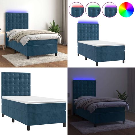 Cama box spring colchón y LED terciopelo azul oscuro 90x190 cm - Cama con luz LED - Colchón con luz LED