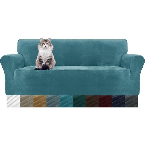 Housse de canapé en Velours épais 3 Places Housse de canapé Super Extensible pour Chiens Cat Pet Friendly 1-Piece Elastic Furniture Protector (3 Place, Bleu Paon) (1/5)