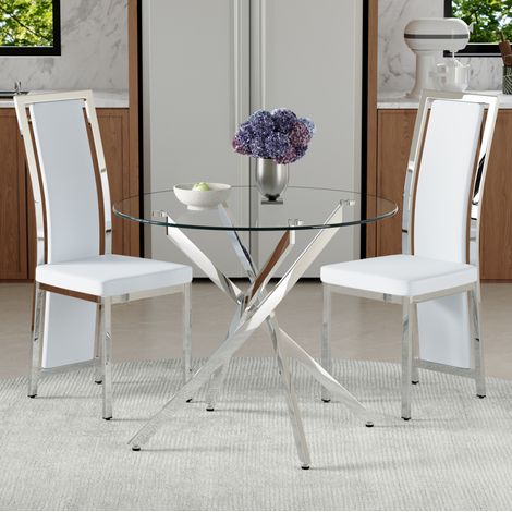 Ensemble table et chaises de salle à manger en verre trempé et PU blanc, 2 places, design moderne (1/5)