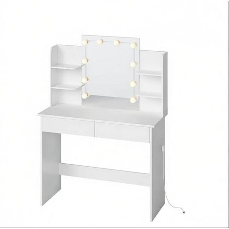 Coiffeuse blanche avec miroir LED, 2 tiroirs et plan de travail 90x40 cm (1/5)