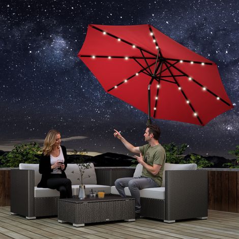 Outsunny Parasol de jardin Parasol droit Parasol Lumineux octogonal inclinable Ø 2.7 m Parasol LED Solaire métal Polyester Haute densité 180 g/m² rouge bordeaux