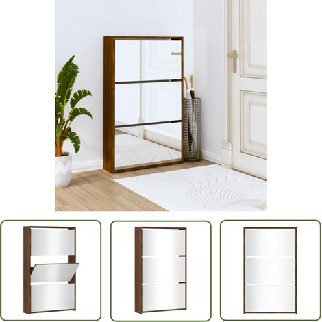 The Living Store Schuhschrank mit Spiegel 3 Fächer Braun Eichen-Optik - Schuhschrank - Schrank - Eiche Optik - Holzmöbel - Garderobe (1/5)