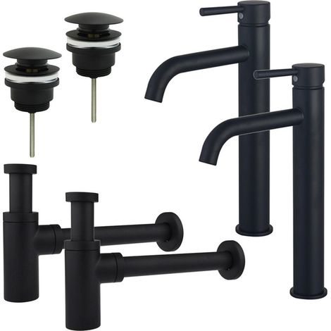 FugaFlow Eccelente Sobrado Kit robinet lavabo - pour double vasque - robinet rehaussé - bonde clic clac - siphon design - Noir mat (1/4)