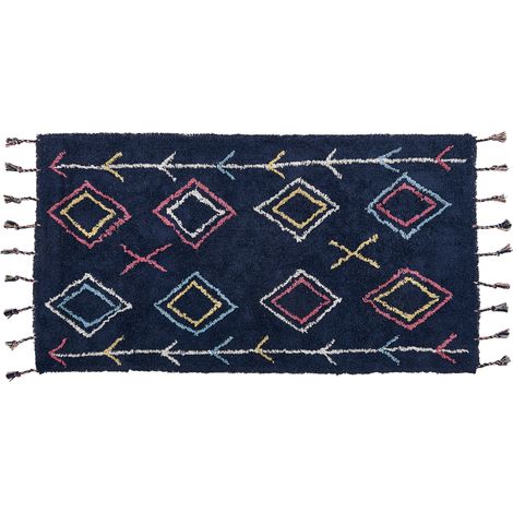 Alfombra de algodón negro azul amarillo blanco 80 x 150 cm hecho a mano Corum (1/5)