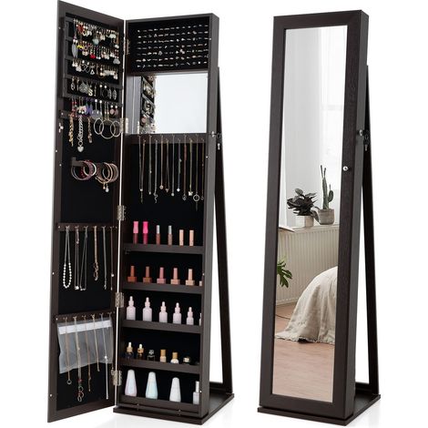 COSTWAY Lockable Standing Jewelry Armoire with Full-Length Mirror-Coffee (1/5)