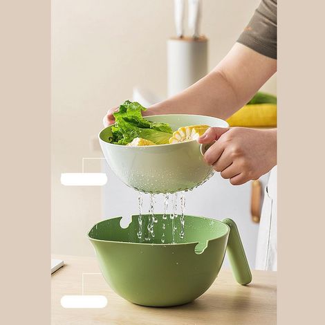 Double-Layer Vegetable Washing Basket, Plastic Fruit Draining Colander with Foldable Design for Kitchen Sink, Space Saving (1/5)