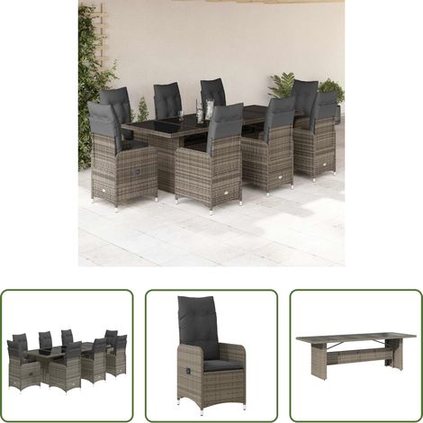 Table de jardin - Ensemble de bistro de jardin 9 pcs coussins gris poly rotin (1/5)