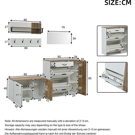 Meuble à chaussures + porte-manteau ensemble 5 pièces : armoire à chaussures, banc, miroir, étagère suspendue et panneau avec 4 crochets. Idéal pour entrée, couloir ou salon. (1/5)