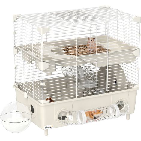 Beyamis 2-stöckiger Hamsterkäfig mit 3 Türen, Laufrädern, Einstreu und Spielröhren, aus Stahl, PS und PP, 44,5 x 28 x 44 cm, cremefarben und weiß