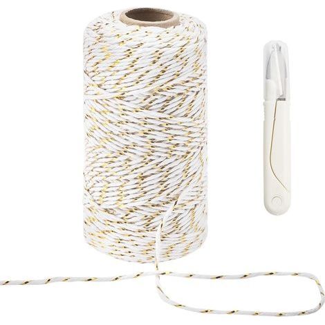 100 m de cordon en coton avec cordon doré, fil de bricolage fin, ficelle de boulangerie, ficelle en coton blanc avec cordon doré, 2 mm, cordon cadeau pour emballer des cadeaux (1/5)