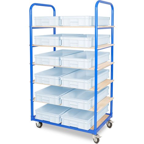 BRB Etagenwagen mit 6 Ebenen, BxTxH 1050x500x1690 mm, bestückt mit 12 Euroboxen BxTxH 600x400x120 mm, 2 Lenk-/2 Bockrollen (weiß)