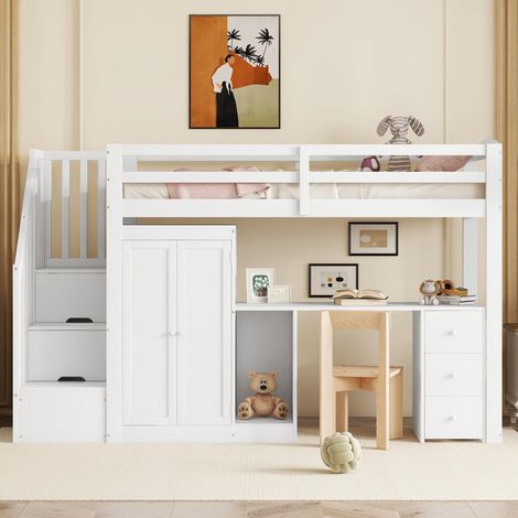 Lit mezzanine 90x200 avec bureau et armoire - pin massif et mdf - 3 tiroirs - échelle rangement - charge 120kg - blanc (1/5)