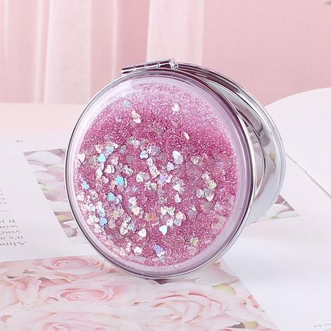 Miroir de poche pliable et compact - rose, sable scintillant effet quicksand, miroir double face avec grossissement (1/3)