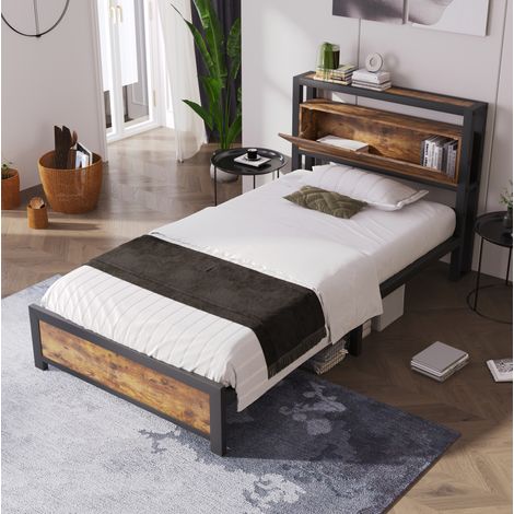 Bett Metall & Holz Natur 90x200 cm mit Stauraum-Kopfteil und Metall-Lattenrost (1/5)