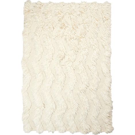 Tapis shaggy 120x170 crème fait main en laine rectangle motif uni FLOKATA