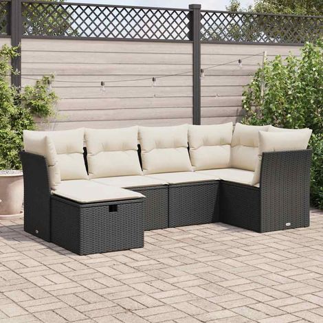 Ensemble Salon Jardin 6 Places Résine Tressée Noir avec Coussins Crème - Stockage Intégré (1/5)