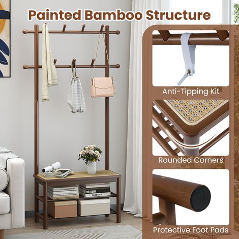 Porte-manteaux en bambou, porte-vêtements en rotin PE avec banc et rangement de chaussures, banc d'entrée 3 en 1 - marron (1/5)