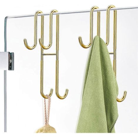 Crochets de porte de douche, lot de 2 crochets doubles pour porte de douche en verre sans cadre, crochets de salle de bain robustes en acier inoxydable, non perforés, dorés (1/5)