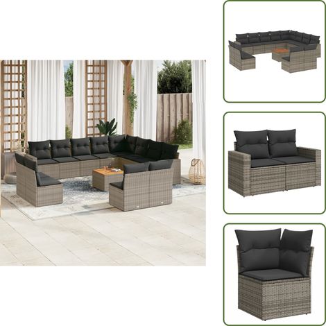 The Living Store 13-tlg. Garten-Sofagarnitur mit Kissen Grau Poly Rattan - Gartenmöbel Set - Lounge Möbel - Outdoor Möbel - Rattan Gartenmöbel - Wetterfeste Gartenmöbel