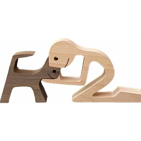 Figurine Chien Bois Sculpté Main Décoration Chien Bois Naturel Fait Main Pour Étagère Maison Cadeau Famille (1/5)