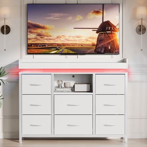Commode avec 8 tiroirs en tissu,compartiment ouvert,dessus en bois et structure en acier pour salon,LED,Station de charge,pour salon, chambre à coucher,Blanc (1/5)