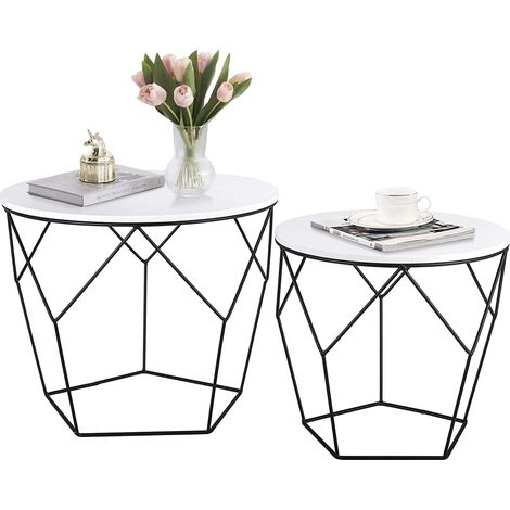 Table Basse Ronde Bois, Lot de 2, Table d’Appoint, Bout de Canapé, Plateau Amovible, Cadre en Acier, pour Salon, Blanc (1/5)