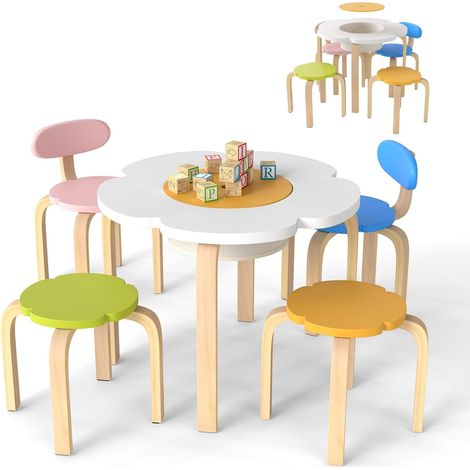 GOPLUS 5 PCS Table Enfant avec Chaises en Forme de Fleur, Table d'Activités avec 2 Chaises & 2 Tabourets pour Lire Jouer Manger, Bureau Enfant avec Rangement pour 3+ Ans, Charge 80KG (1/5)