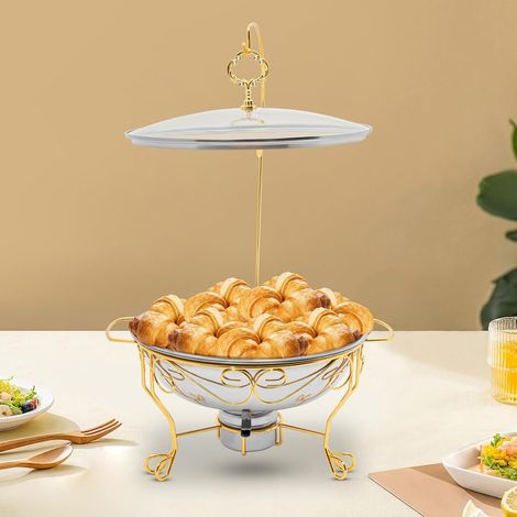 6L Runder Chafing Dish Standfuß Edelstahl Speisenwärmer Warmhaltebehälter Chafing Dish Set mit Deckel und Anti-Griff, Heizung der Alkohollampe, für Buffets, Partys, Restaurants (Gold)