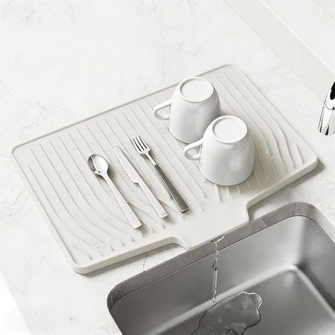 Scolapiatti - Tappetino da cucina in silicone - Organizzazione della cucina - Scolapiatti integrato - 48x35 cm - Bianco (1/5)
